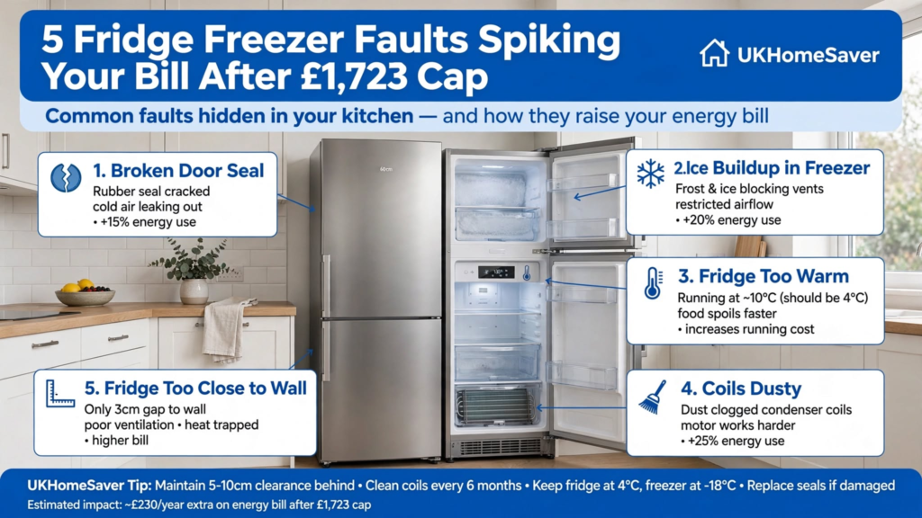 5 fridge freezer faults spiking energy bill after £1,723 price cap October 2026 - broken seal, ice buildup, too warm, dusty coils, too close to wall